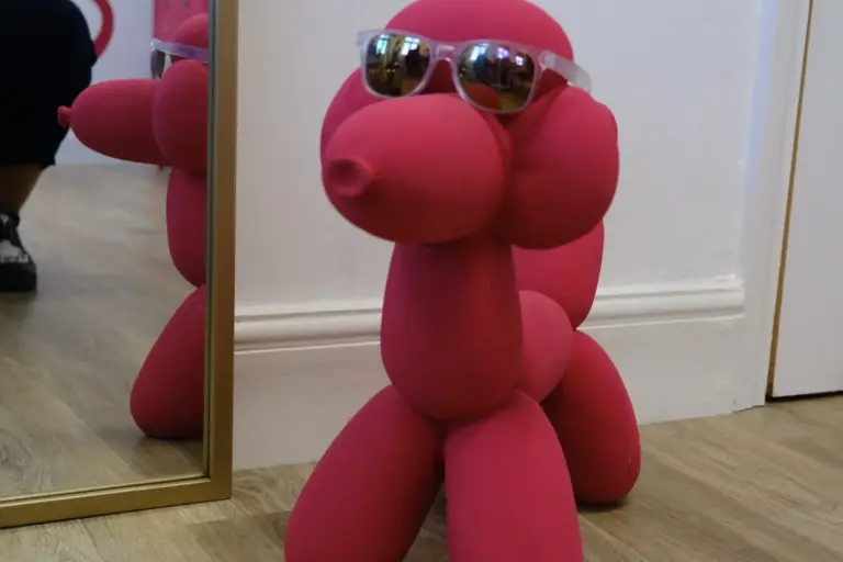Pink sausage dog sculpture with sunglasses on